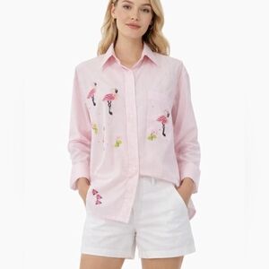 Mili Designs Pink Gingham Flamingo Beaded Button Down Shirt Women’s Size  Medium